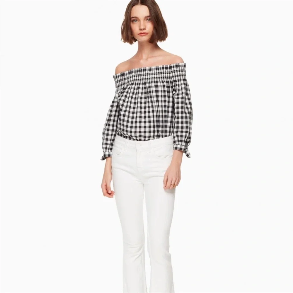 Authentic Kate Spade Gingham Off Shoulder Top Cotton Smocked M